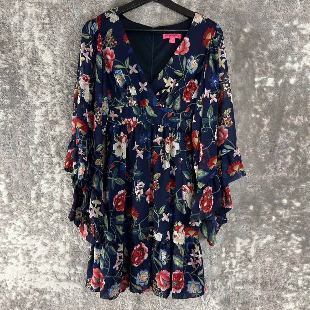 Betsey Johnson Size 6 Dark Floral V Neck Mini Fit Flared Dress Bell Sleeve